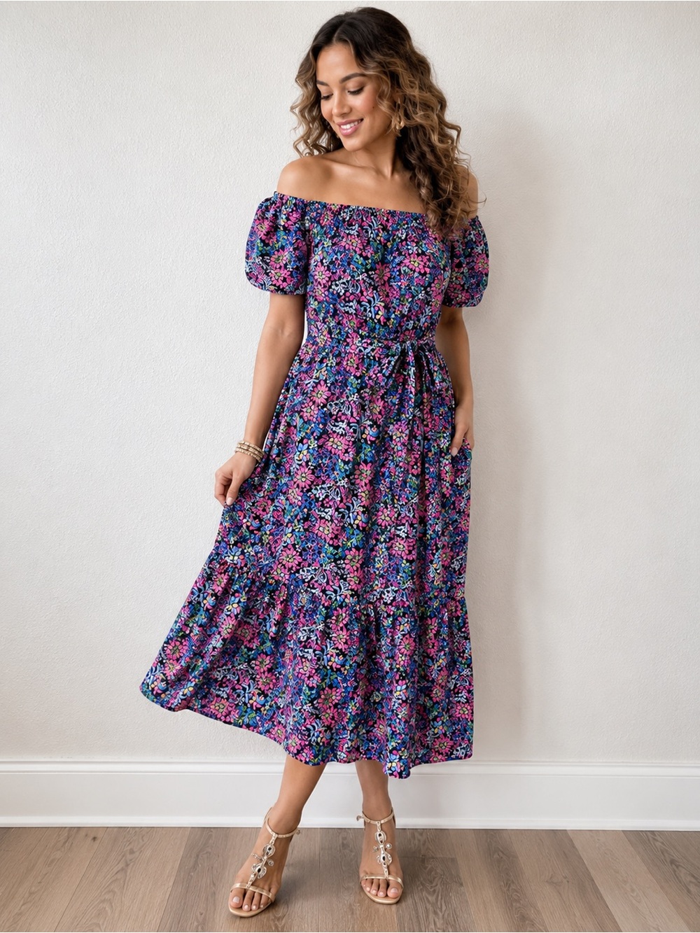 Lilly Pulitzer Tamie Off-The-Shoulder Dress in Multi Feeling Fintastic